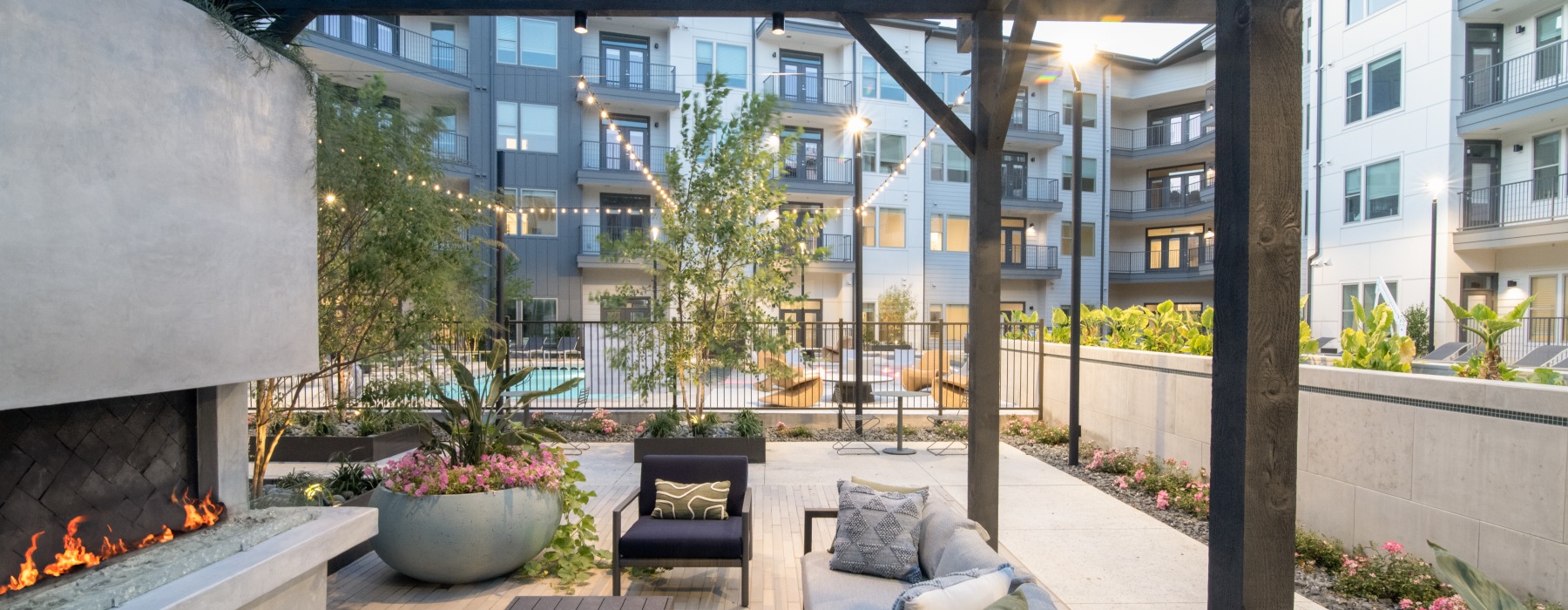 outdoor seating with a fireplace
